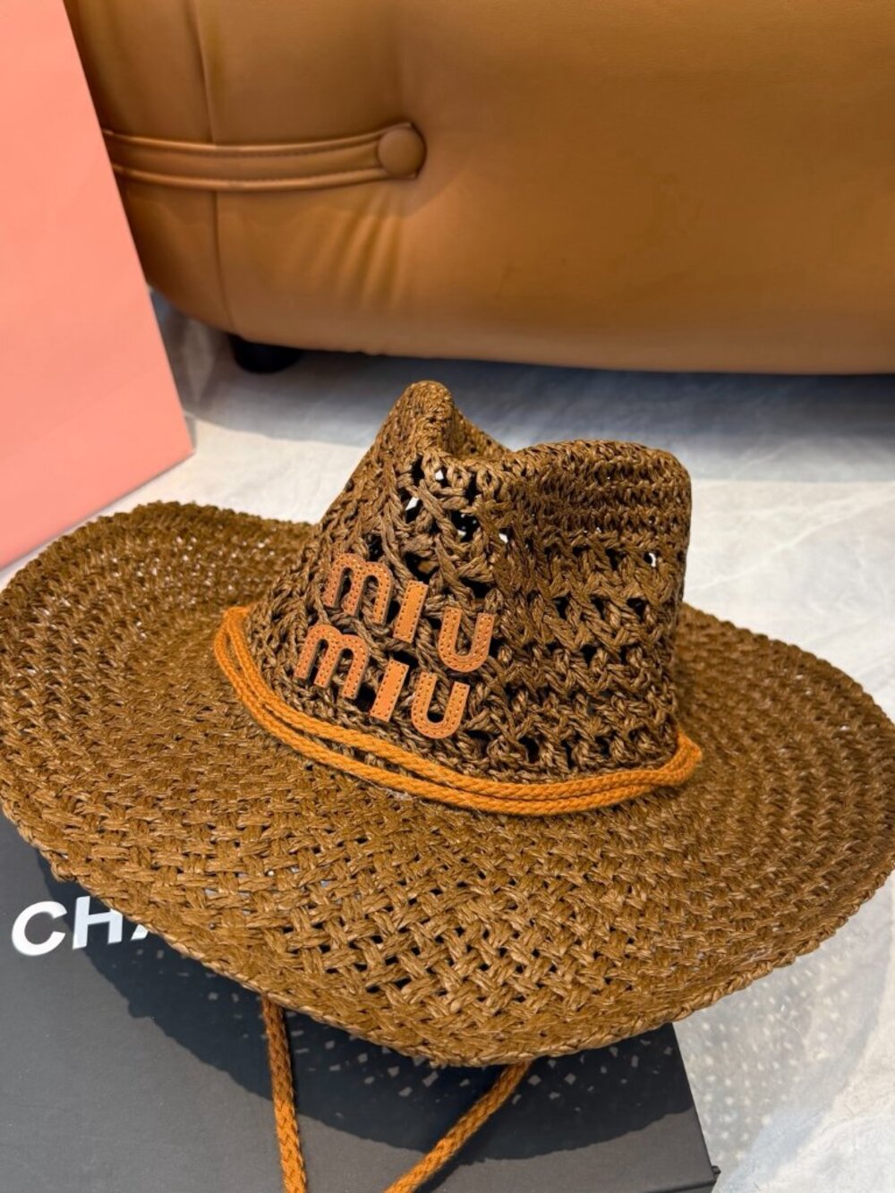 🤎Miu Miu Brown Woven Straw Cowboy Hat Tassel Chin Strap Logo Western Summer Sun - Picture 4 of 8